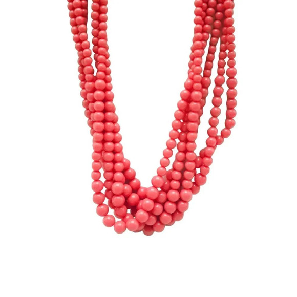 Multi Strand Pink Acr Beaded Statement Necklace Lobster Closure Gold Tone Vintag - Picture 2 of 5
